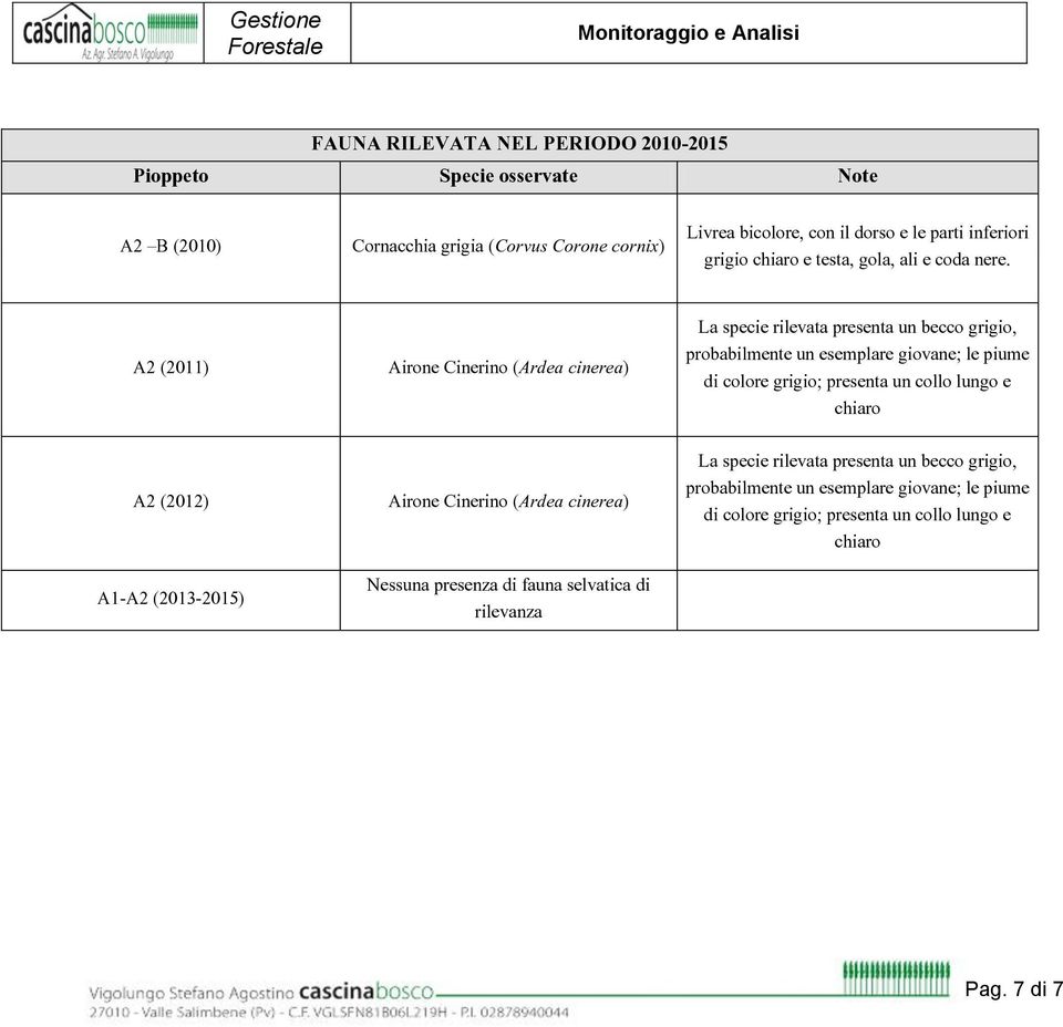 A2 (2011) A2 (2012) A1-A2 (2013-2015) Airone Cinerino (Ardea cinerea) Airone Cinerino (Ardea cinerea) Nessuna presenza di fauna selvatica di rilevanza La specie