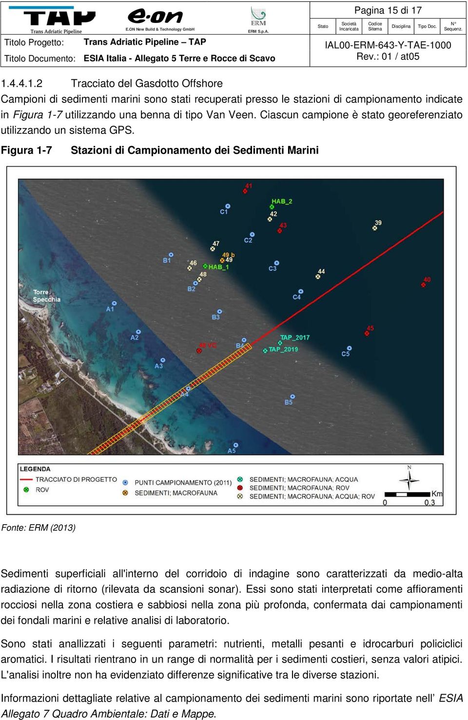 Figura 1-7 Stazioni di Campionamento dei Sedimenti Marini Fonte: ERM (2013) Sedimenti superficiali all'interno del corridoio di indagine sono caratterizzati da medio-alta radiazione di ritorno