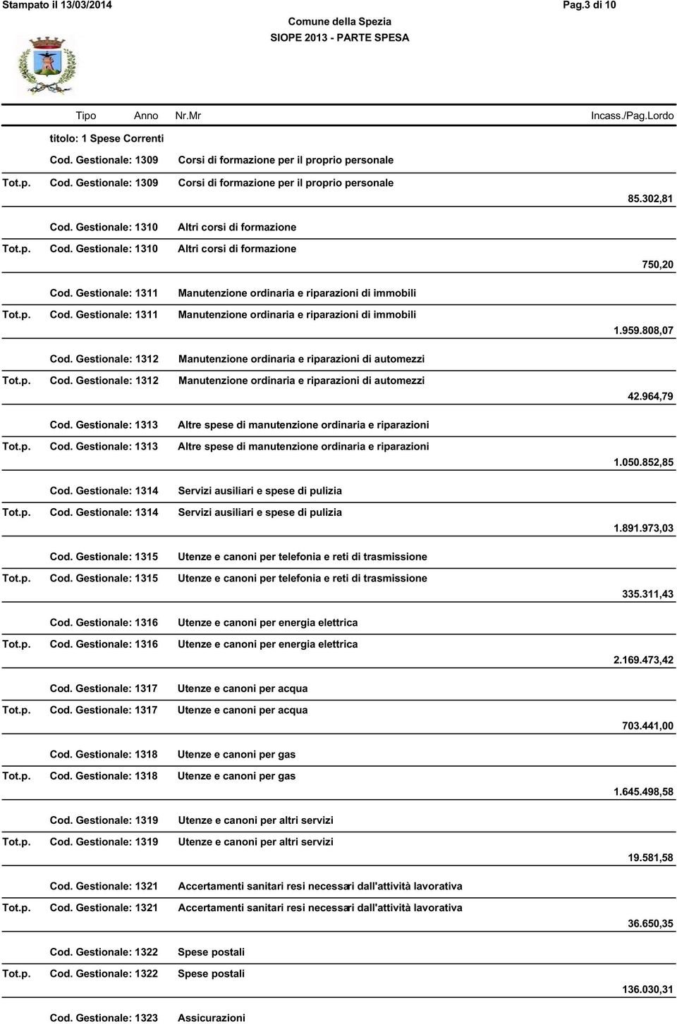 959.808,07 Cod. Gestionale: 1312 Manutenzione ordinaria e riparazioni di automezzi Tot.p. Cod. Gestionale: 1312 Manutenzione ordinaria e riparazioni di automezzi 42.964,79 Cod.