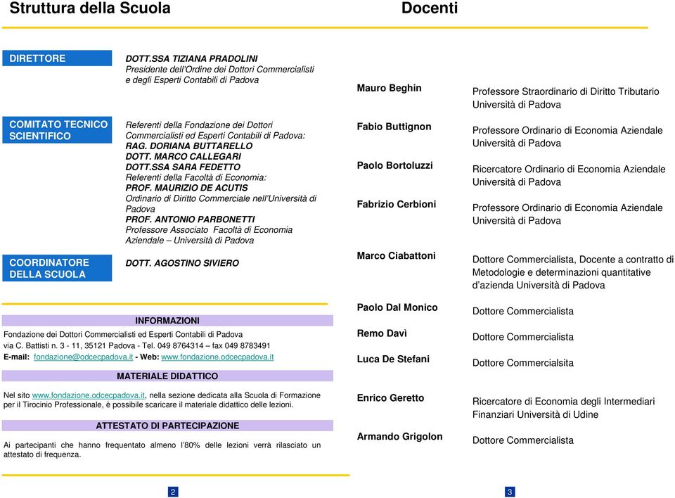 TECNICO SCIENTIFICO Referenti della Fondazione dei Dottori Commercialisti ed Esperti Contabili di Padova: RAG. DORIANA BUTTARELLO DOTT. MARCO CALLEGARI DOTT.