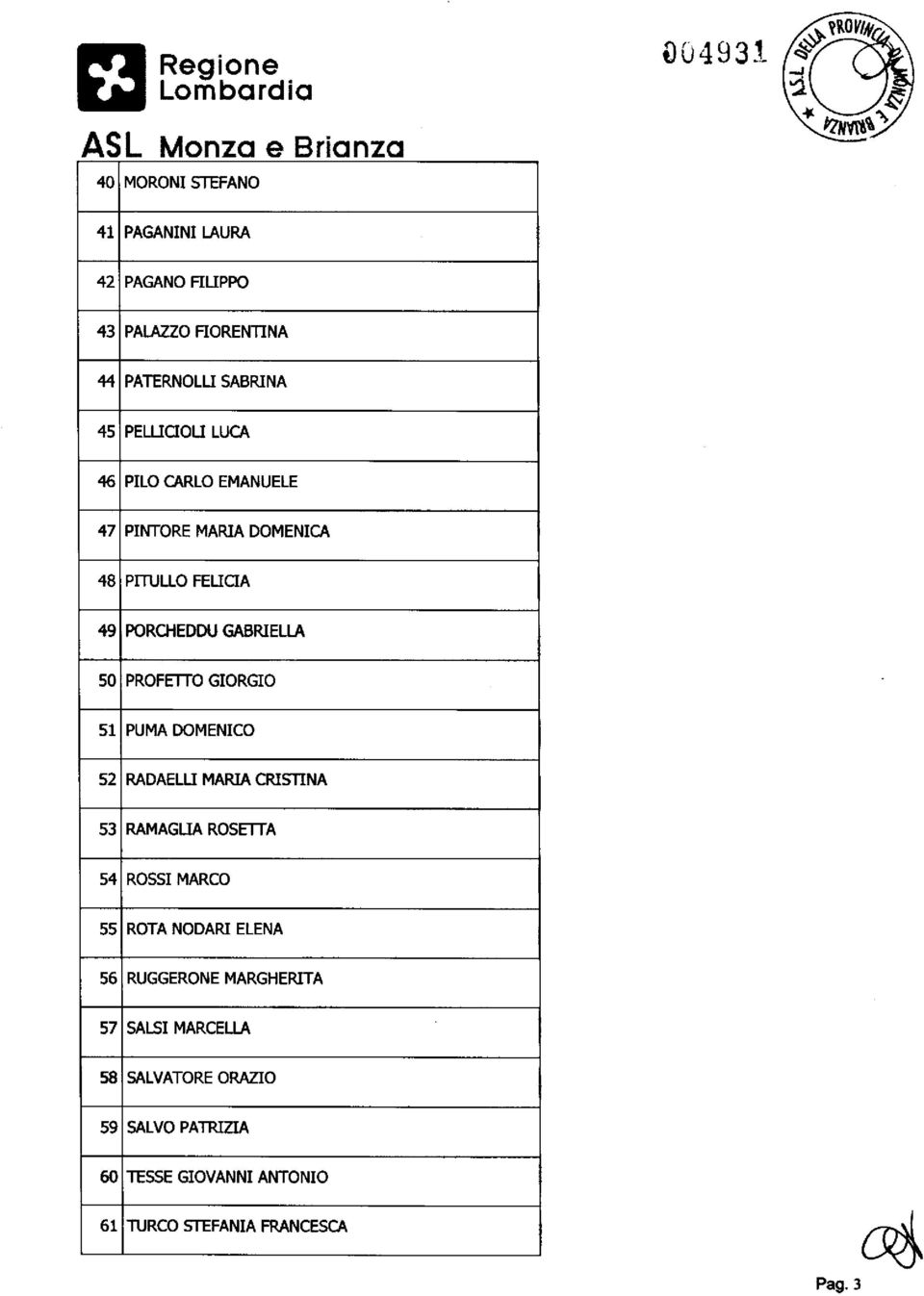 GIORGIO 51 PUMA DOMENICO 52 RADAELLI MARIA CRISTINA 53 RAMAGLIA ROSETTA 54 ROSSI MARCO 55 ROTA NODARI ELENA 56 RUGGERONE