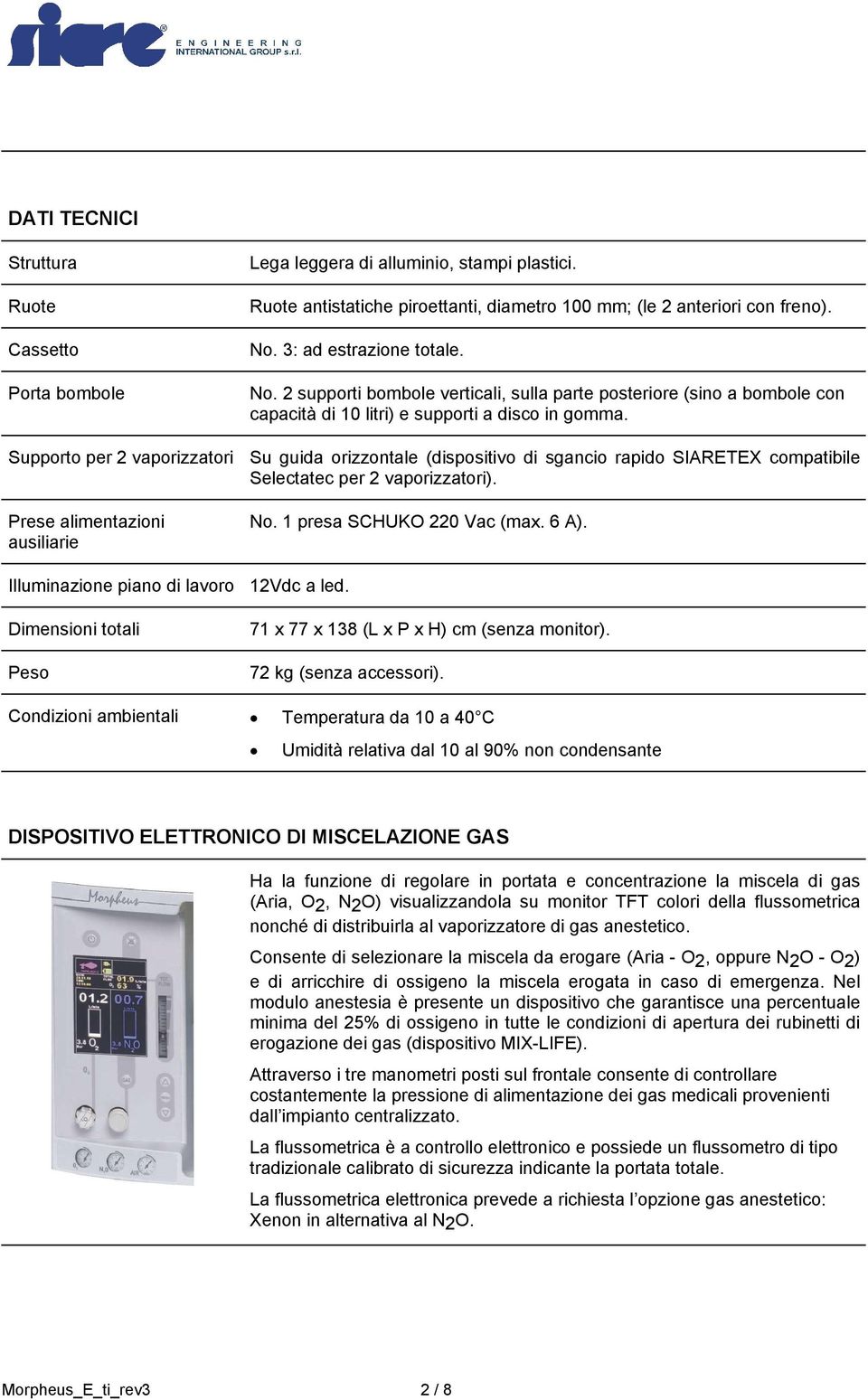 Supporto per 2 vaporizzatori Su guida orizzontale (dispositivo di sgancio rapido SIARETEX compatibile Selectatec per 2 vaporizzatori). Prese alimentazioni ausiliarie No. 1 presa SCHUKO 220 Vac (max.