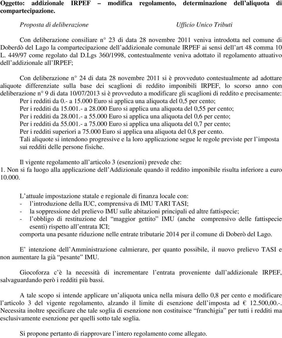 comunale IRPEF ai sensi dell art 48 comma 10 L. 449/97 come regolato dal D.