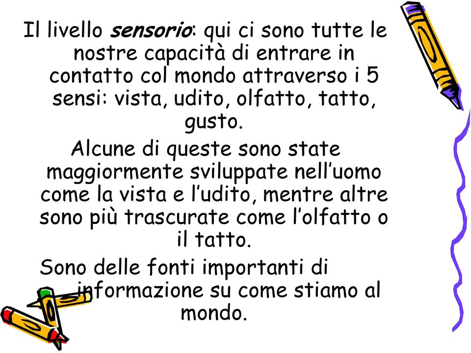 Alcune di queste sono state maggiormente sviluppate nell uomo come la vista e l udito,