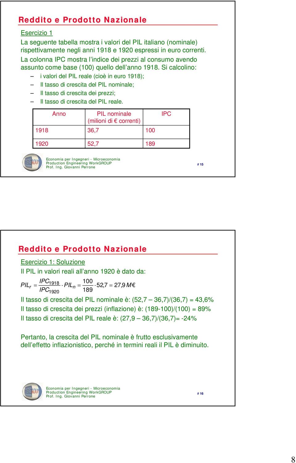 Si calcolino: i valori del PIL reale (cioè in euro 1918); Il tasso di crescita del PIL nominale; Il tasso di crescita dei prezzi; Il tasso di crescita del PIL reale.