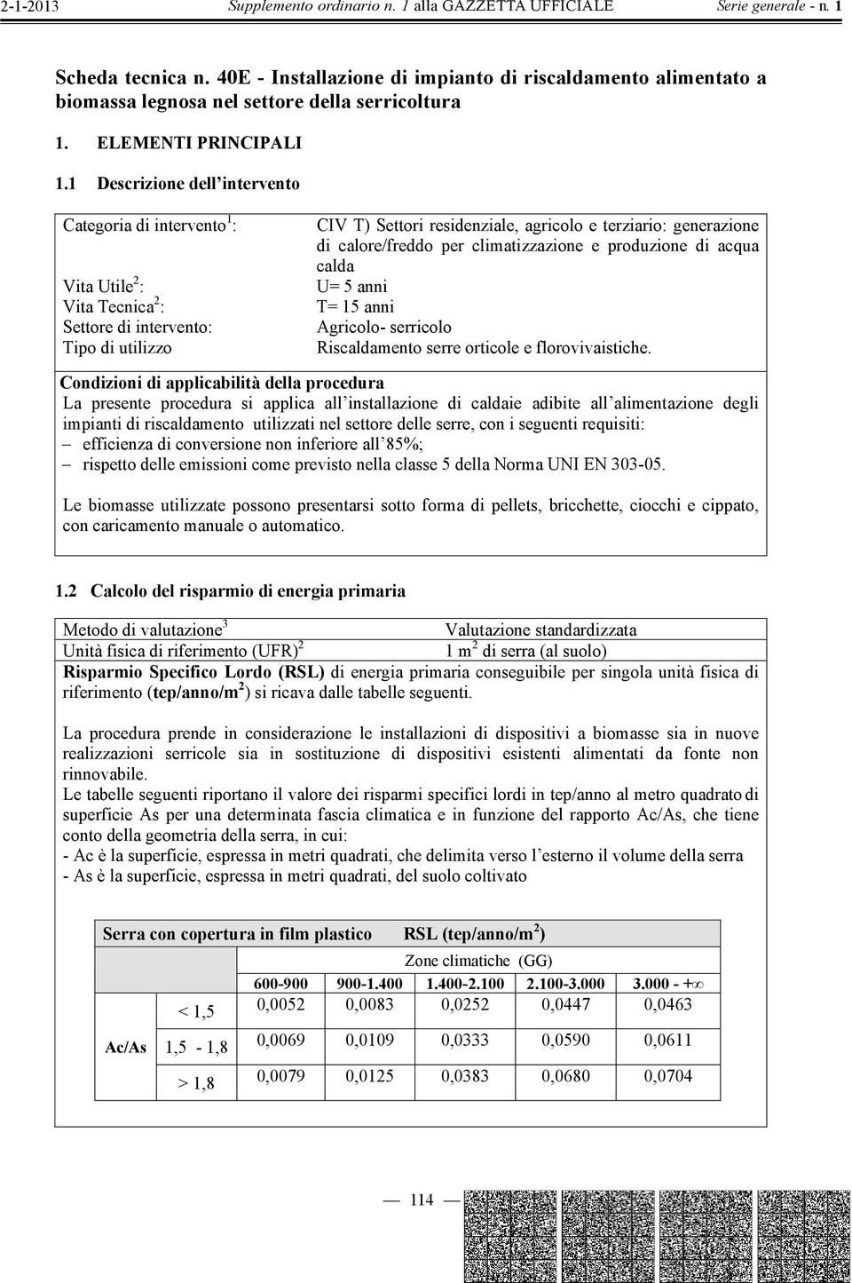 calore/freddo per climatizzazione e produzione di acqua calda U= 5 anni T= 15 anni Agricolo- serricolo Riscaldamento serre orticole e florovivaistiche.