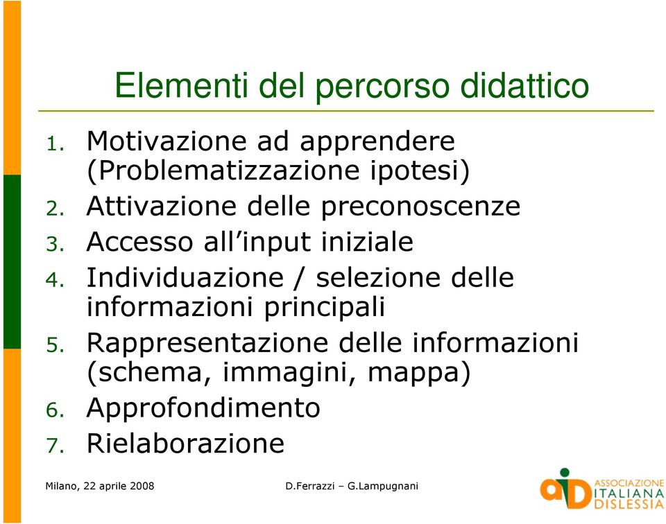 Attivazione delle preconoscenze 3. Accesso all input iniziale 4.