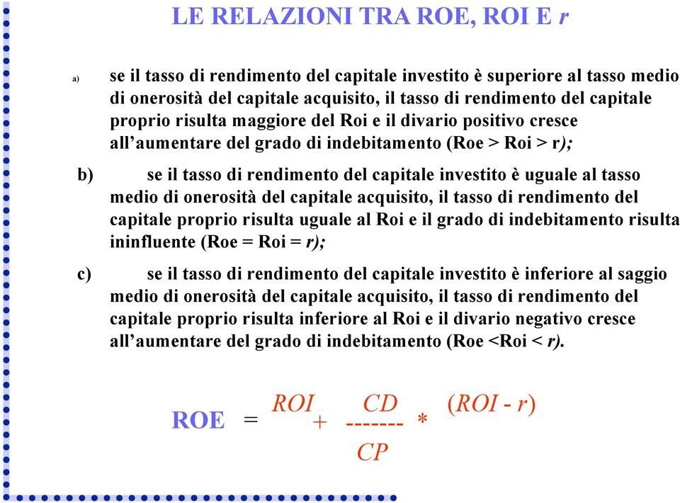 capitale acquisito, il tasso di rendimento del capitale proprio risulta uguale al Roi e il grado di indebitamento risulta ininfluente (Roe = Roi = r); c) se il tasso di rendimento del capitale