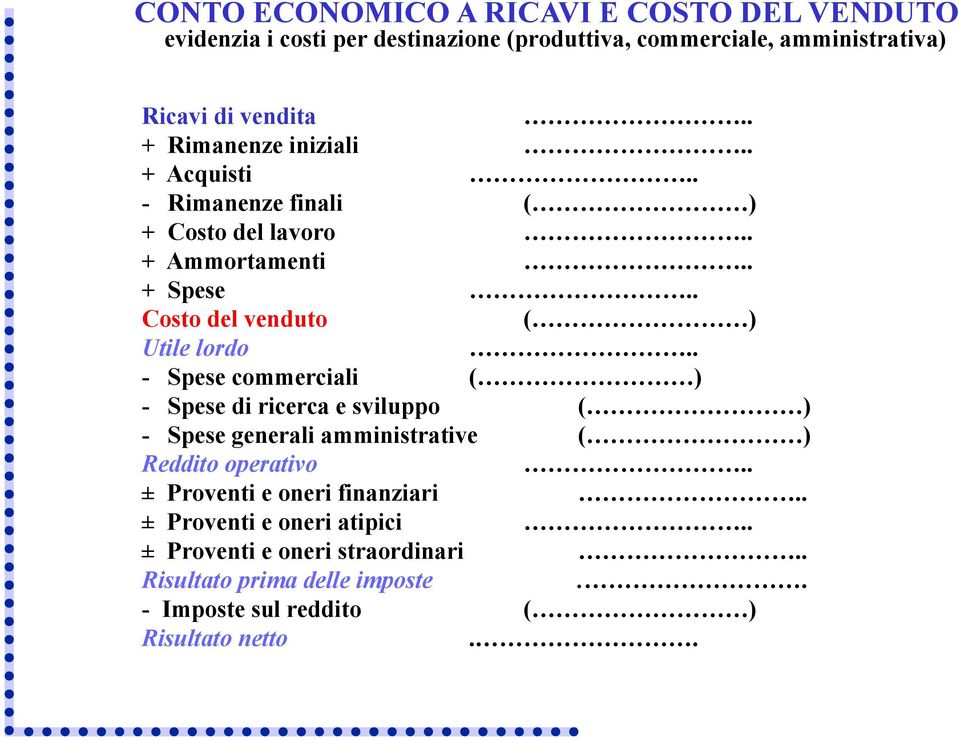 . - Spese commerciali ( ) - Spese di ricerca e sviluppo ( ) - Spese generali amministrative ( ) Reddito operativo.