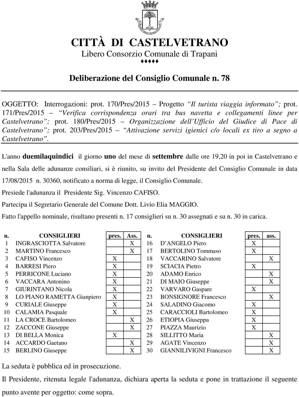 203/Pres/2015 Attivazione servizi igienici c/o locali ex tiro a segno a Castelvetrano.