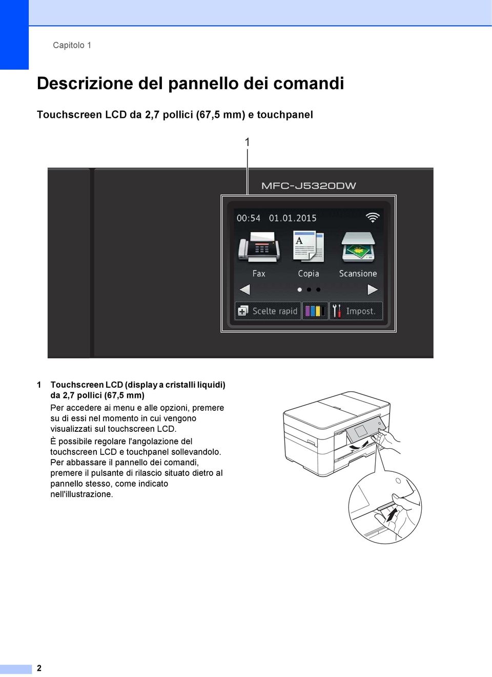 visualizzati sul touchscreen LCD. È possibile regolare l'angolazione del touchscreen LCD e touchpanel sollevandolo.