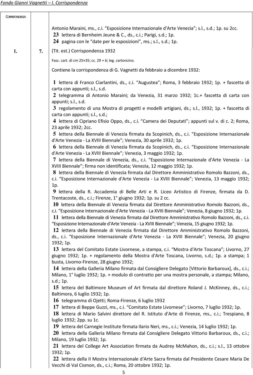 Vagnetti da febbraio a dicembre 1932: 1 lettera di Franco Ciarlantini, ds., c.i. Augustea ; Roma, 3 febbraio 1932; 1p. + fascetta di carta con appunti; s.l., s.d. 2 telegramma di Antonio Maraini; da Venezia, 31 marzo 1932; 1c.