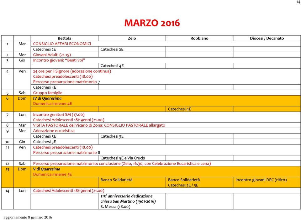 00) Percorso preparazione matrimonio 7 Catechesi 4E 5 Sab Gruppo famiglie 6 Dom IV di Quaresima Domenica insieme 4E Catechesi 4E 7 Lun Incontro genitori SM (17.00) Catechesi Adolescenti 18/19enni (21.