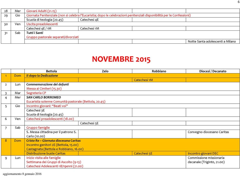 Dedicazione Catechesi 1M 2 Lun Commemorazione dei defunti Messa ai Cimiteri (15.30) 3 Mar Segreteria CP 4 Mer SAN CARLO BORROMEO Eucaristia solenne Comunità pastorale (Bettola, 20.