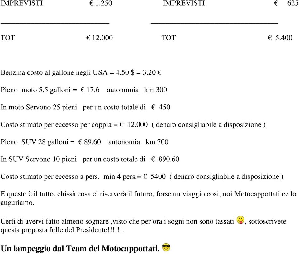 60 autonomia km 700 In SUV Servono 10 pieni per un costo totale di 890.60 Costo stimato per eccesso a pers. min.4 pers.