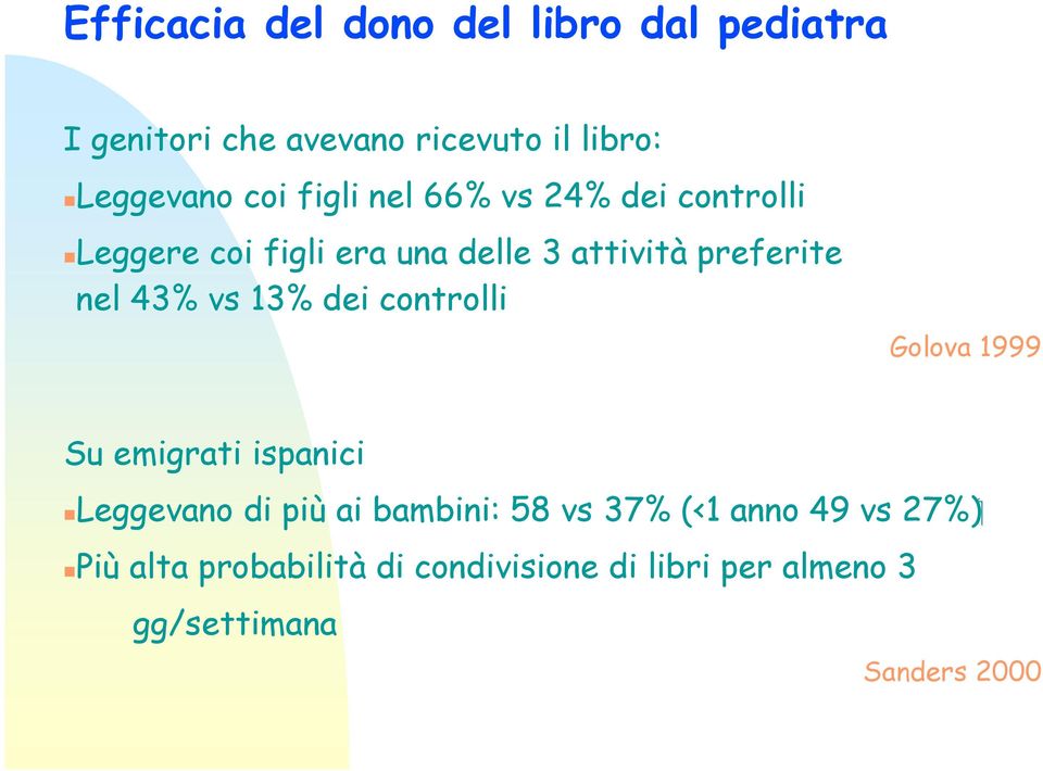 vs 13% dei controlli Golova 1999 Su emigrati ispanici Leggevano di più ai bambini: 58 vs 37% (<1