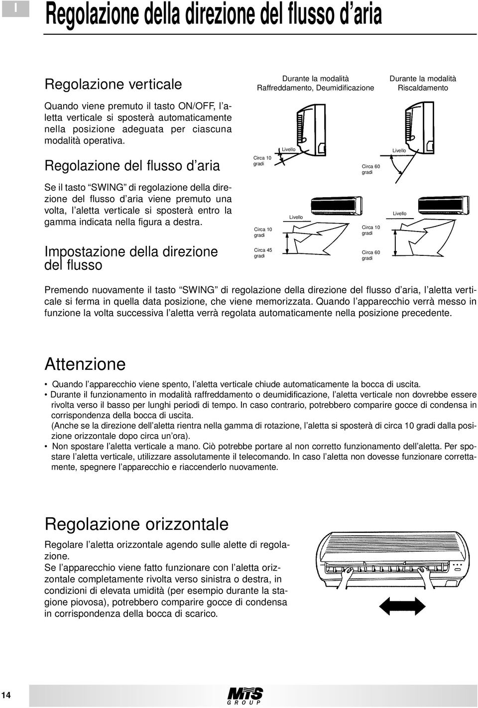 Regolazione del flusso d aria Circa 10 gradi Livello Circa 60 gradi Livello Se il tasto SWING di regolazione della direzione del flusso d aria viene premuto una volta, l aletta verticale si sposterà