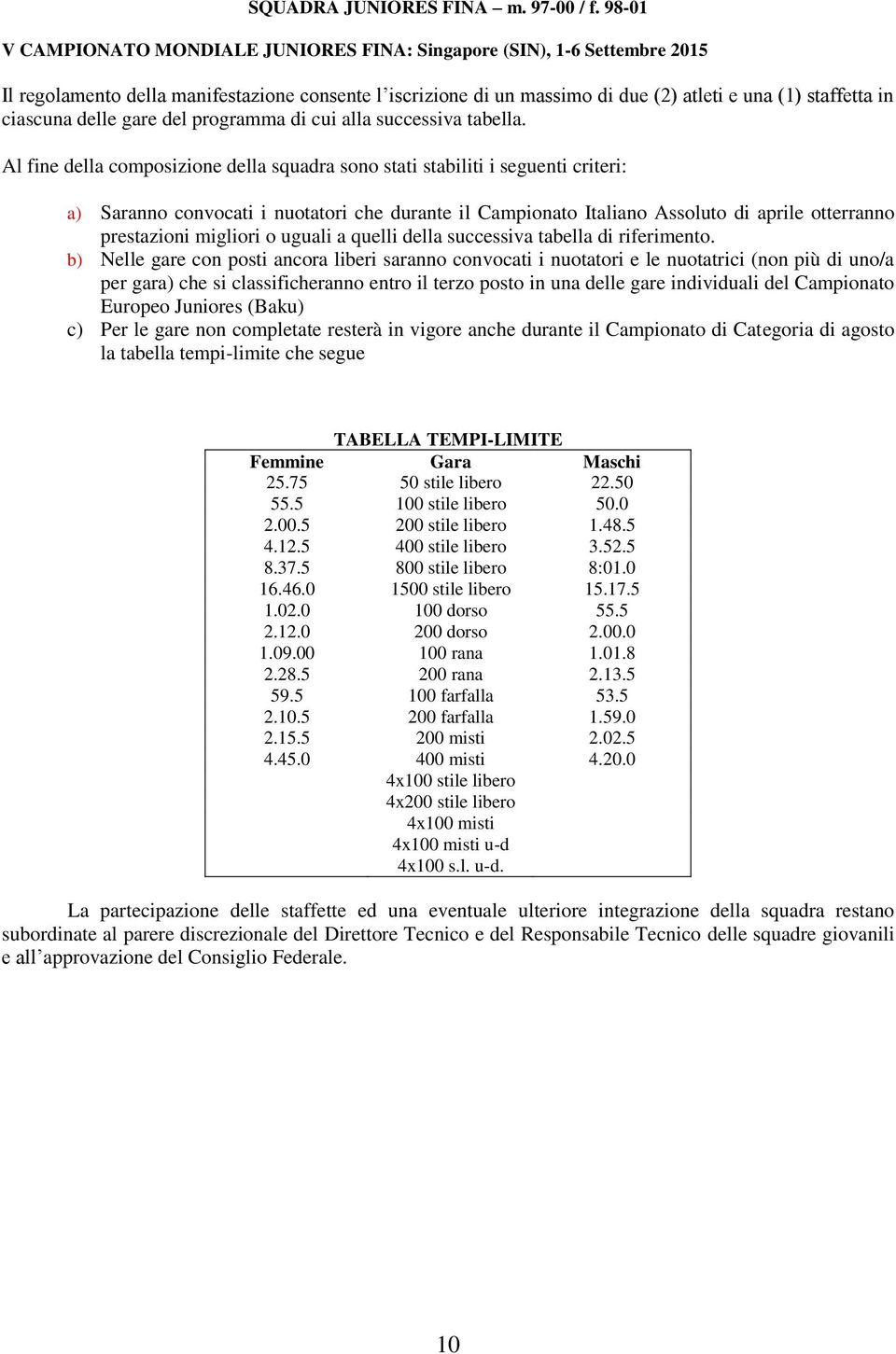 ciascuna delle gare del programma di cui alla successiva tabella.