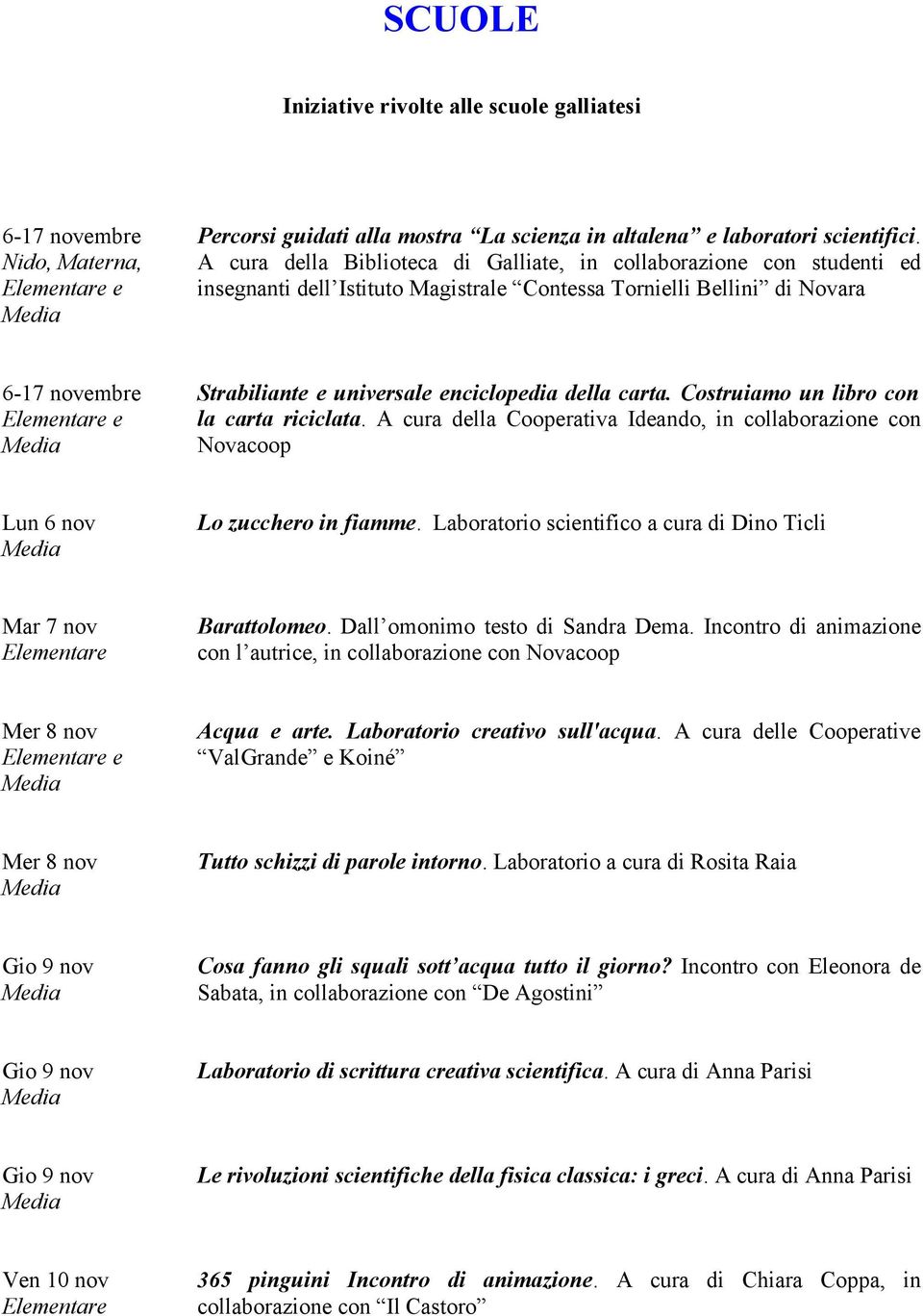 della carta. Costruiamo un libro con la carta riciclata. A cura della Cooperativa Ideando, in collaborazione con Novacoop Lun 6 nov Lo zucchero in fiamme.