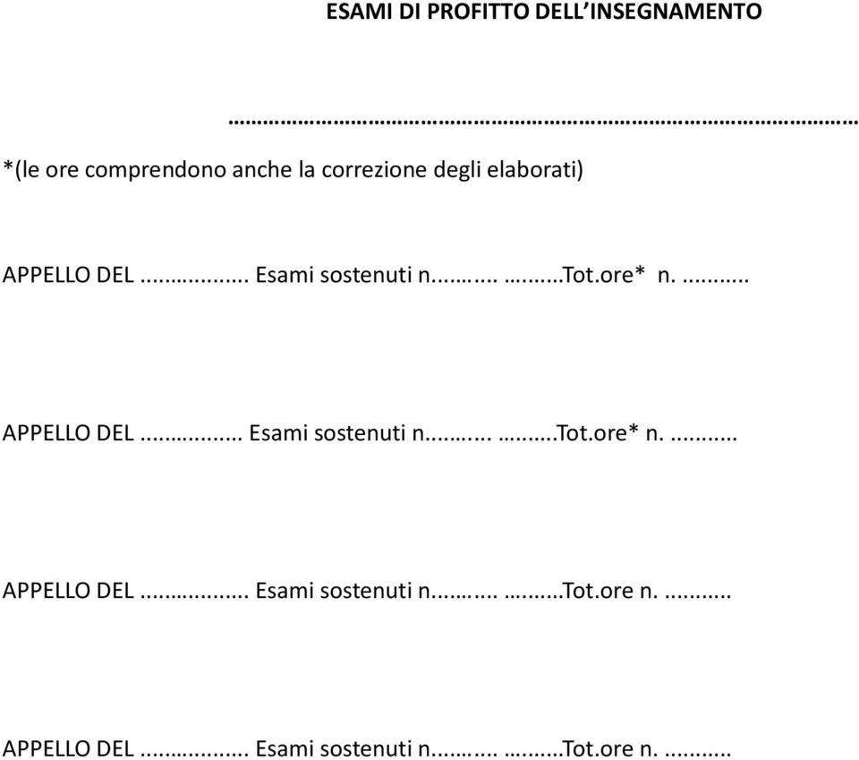 ... APPELLO DEL...... Esami sostenuti n.........tot.ore* n.... APPELLO DEL...... Esami sostenuti n.........tot.ore n.