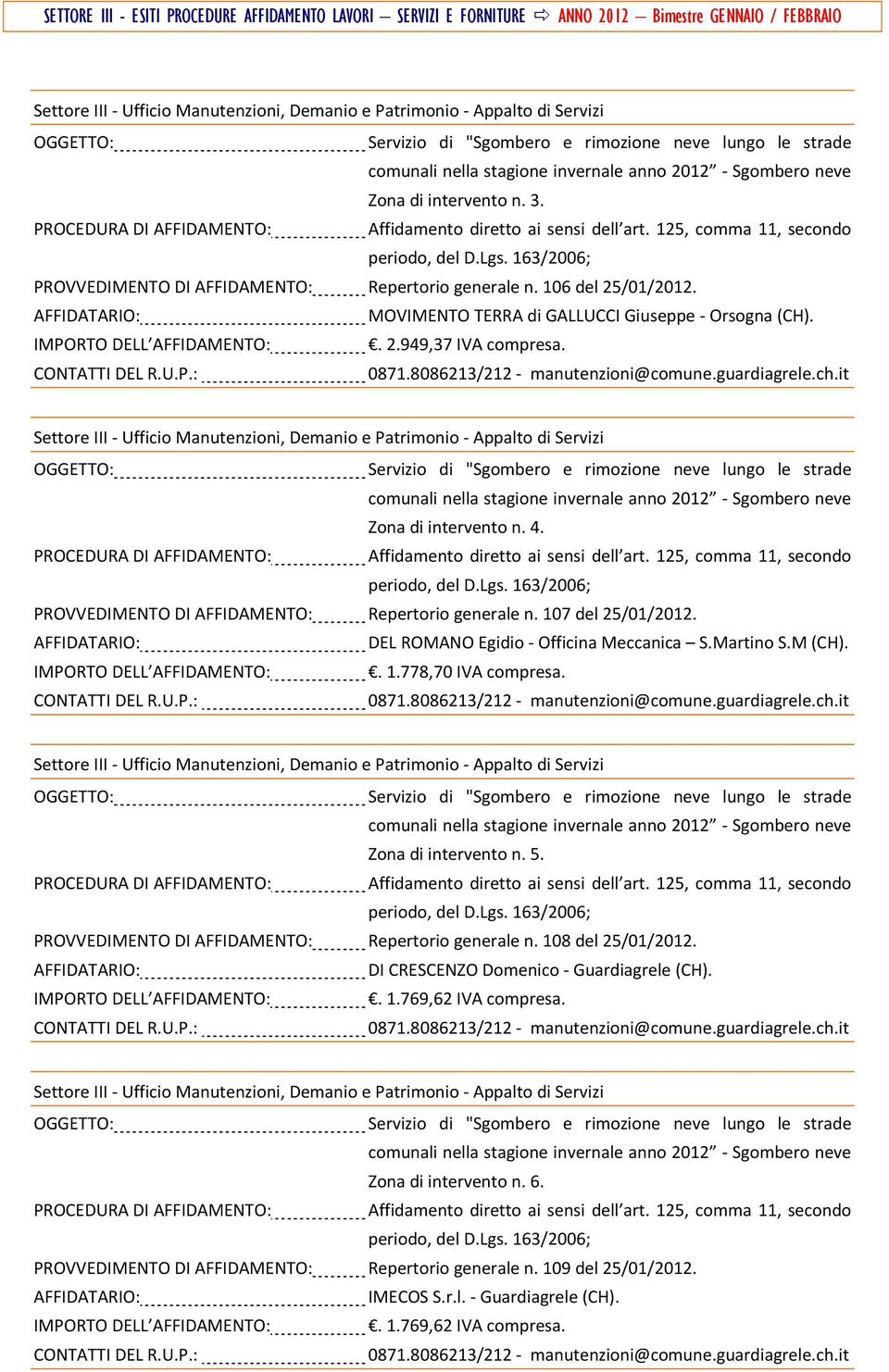 Zona di intervento n. 5. PROVVEDIMENTO DI AFFIDAMENTO: Repertorio generale n. 108 del 25/01/2012. DI CRESCENZO Domenico Guardiagrele (CH).. 1.769,62 IVA compresa.