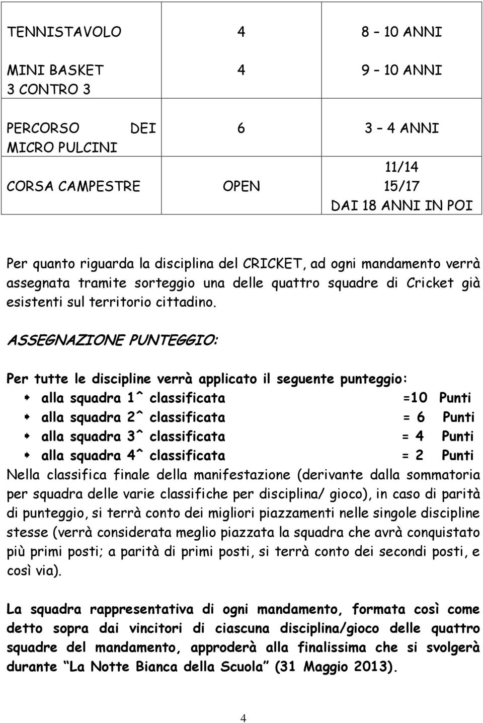 ASSEGNAZIONE PUNTEGGIO: Per tutte le discipline verrà applicato il seguente punteggio: alla squadra 1^ classificata =10 Punti alla squadra ^ classificata = 6 Punti alla squadra 3^ classificata =