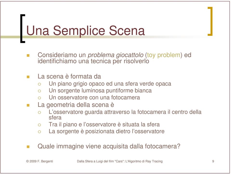 osservatore guarda attraverso la fotocamera il centro della sfera Tra il piano e l osservatore è situata la sfera La sorgente è posizionata