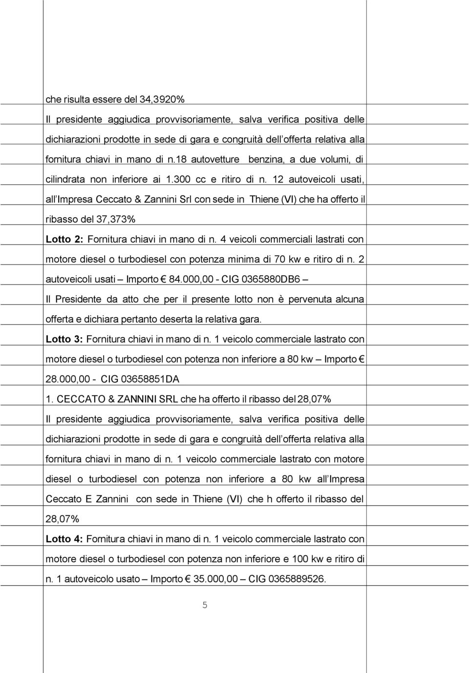 12 autoveicoli usati, all Impresa Ceccato & Zannini Srl con sede in Thiene (VI) che ha offerto il ribasso del 37,373% Lotto 2: Fornitura chiavi in mano di n.