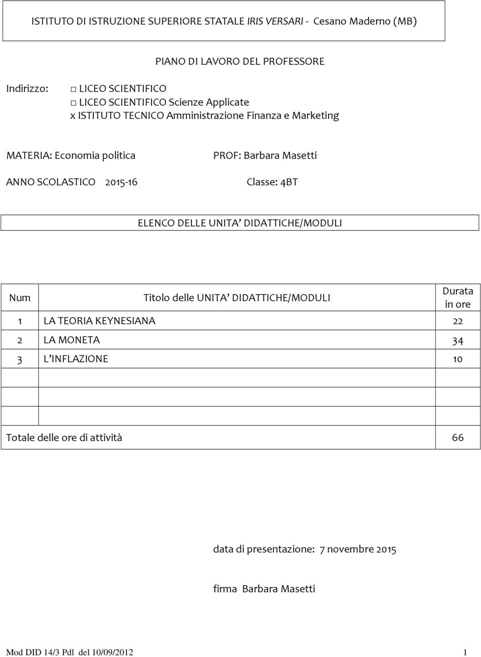 Barbara Masetti Classe: 4BT ELENCO DELLE UNITA DIDATTICHE/MODULI Num Titolo delle UNITA DIDATTICHE/MODULI 1 LA TEORIA KEYNESIANA 22 2 LA MONETA 34