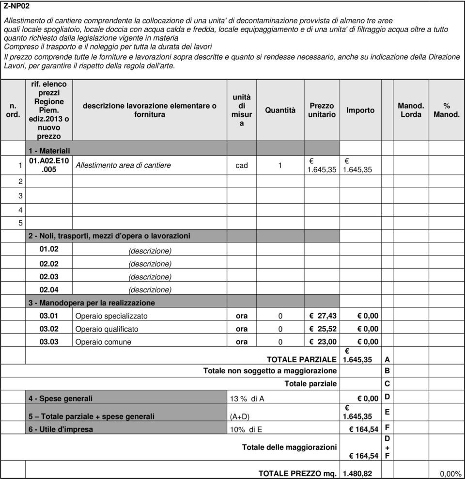 noleggio per tutta la durata dei lavori ez.0 o misur a 0.A0.E0.00 Allestimento area cantiere cad 0.0 (descrizione).6,.6, 0.0 (descrizione) 0.