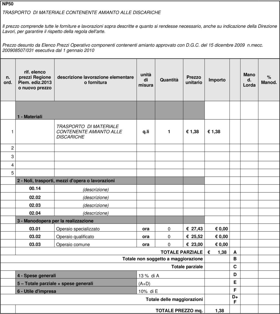 0 o descrizione lavorazione elementare o TRASPORTO I MATERIALE ONTENENTE AMIANTO ALLE ISARIHE 00. (descrizione) q.li,8,8 0.