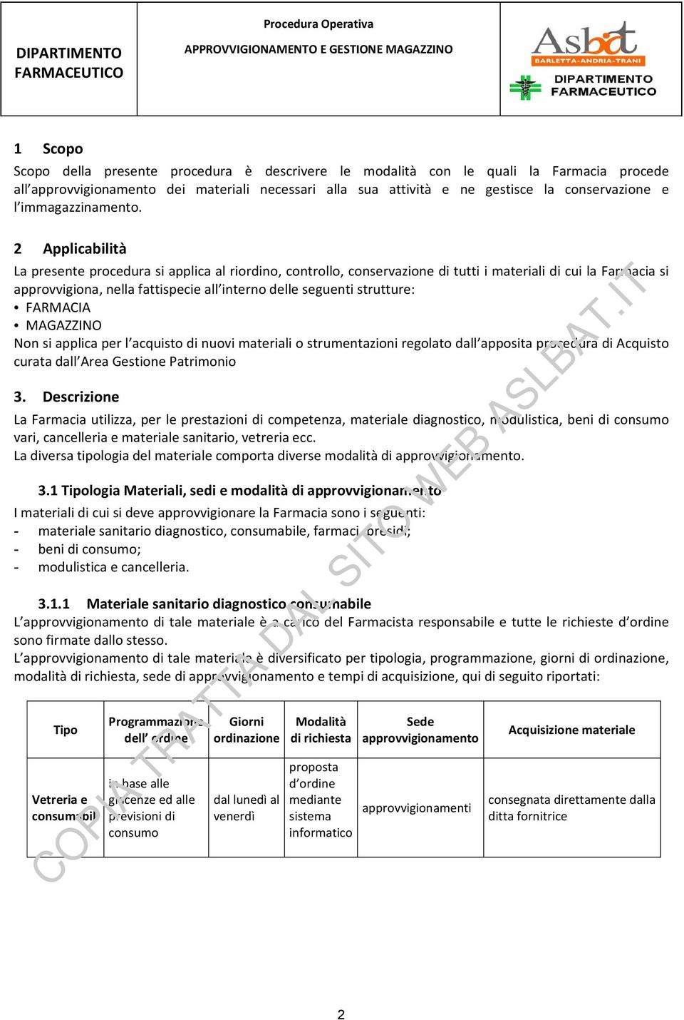 2 Applicabilità La presente procedura si applica al riordino, controllo, conservazione di tutti i materiali di cui la Farmacia si approvvigiona, nella fattispecie all interno delle seguenti