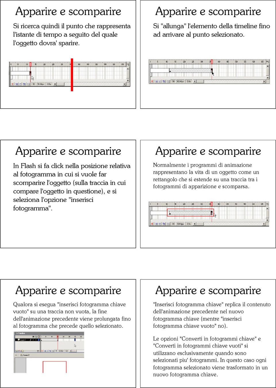 fotogramma". Normalmente i programmi di animazione rappresentano la vita di un oggetto come un rettangolo che si estende su una traccia tra i fotogrammi di apparizione e scomparsa.