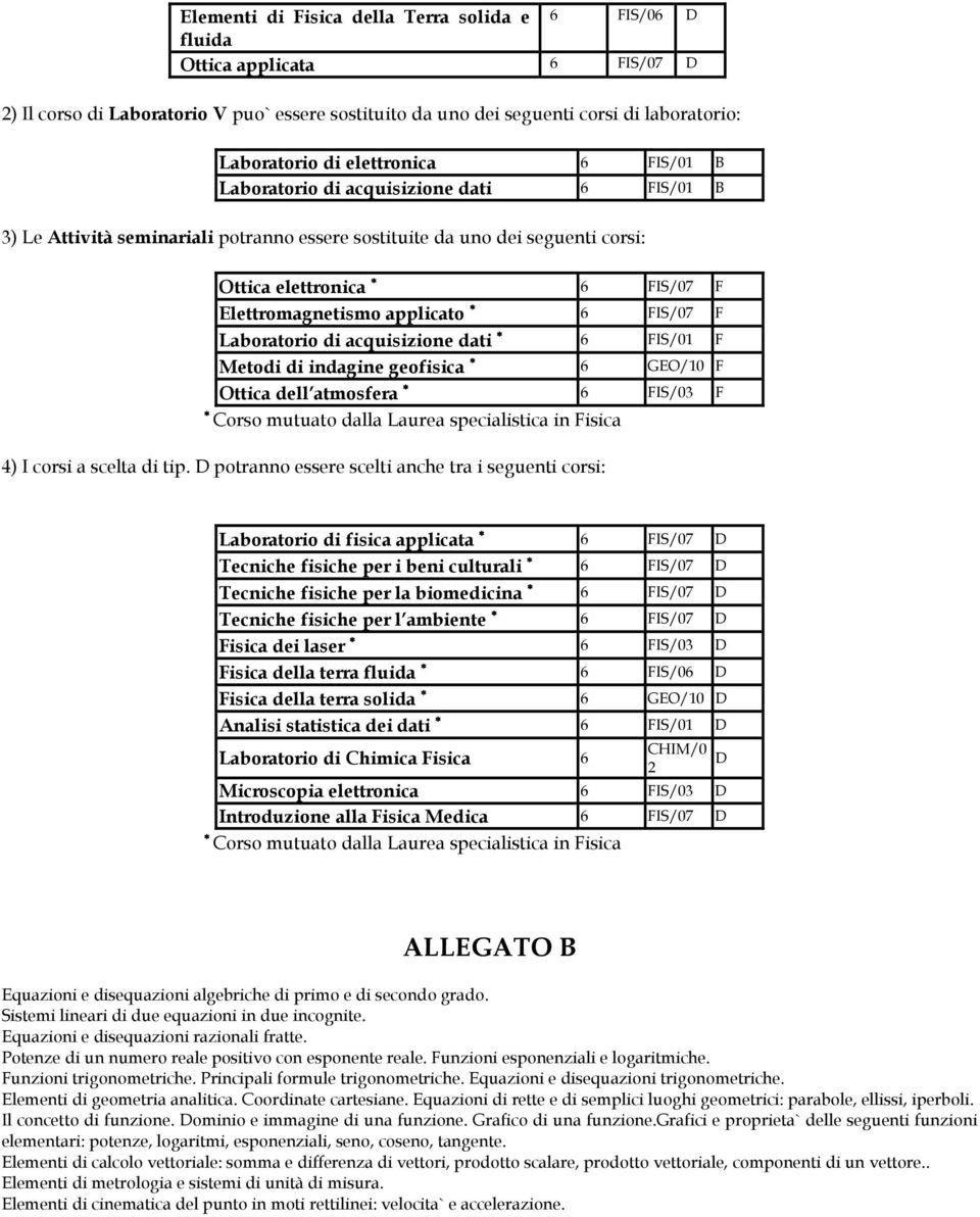 applicato 6 FIS/07 F Laboratorio di acquisizione dati 6 FIS/01 F Metodi di indagine geofisica 6 GEO/10 F Ottica dell atmosfera 6 FIS/03 F Corso mutuato dalla Laurea specialistica in Fisica 4) I corsi