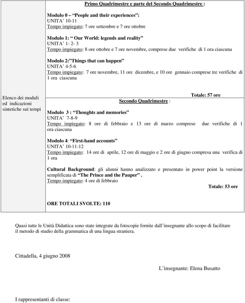 10 ore gennaio comprese tre verifiche di 1 ora ciascuna Elenco dei moduli ed indicazioni sintetiche sui tempi Secondo Quadrimestre : Totale: 57 ore Modulo 3 : Thoughts and memories UNITA 7-8-9 Tempo