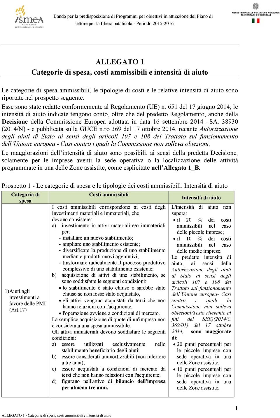 651 del 17 giugno 2014; le intensità di aiuto indicate tengono conto, oltre che del predetto Regolamento, anche della Decisione della Commissione Europea adottata in data 16 settembre 2014 SA.