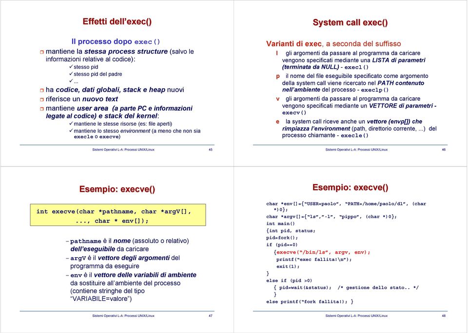 Varianti di exec, a seconda del suffisso l p v e gli argomenti da passare al programma da caricare vengono specificati mediante una LISTA di parametri (terminata da NULL) - execl() il nome del file