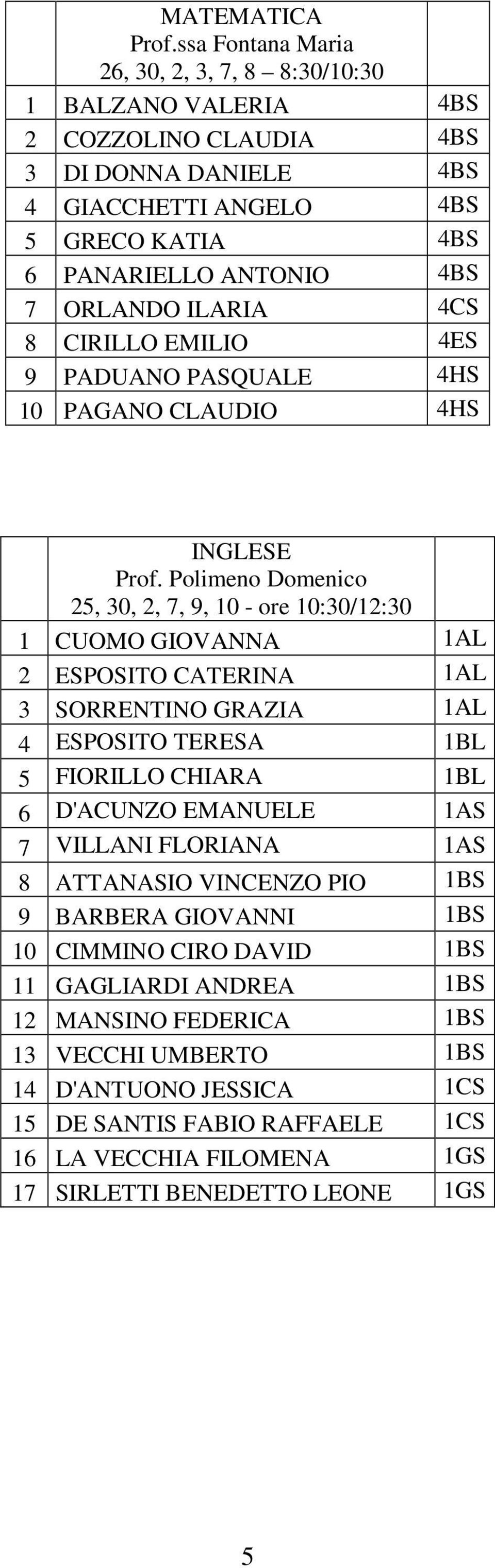 ILARIA 4CS 8 CIRILLO EMILIO 4ES 9 PADUANO PASQUALE 4HS 10 PAGANO CLAUDIO 4HS INGLESE Prof.