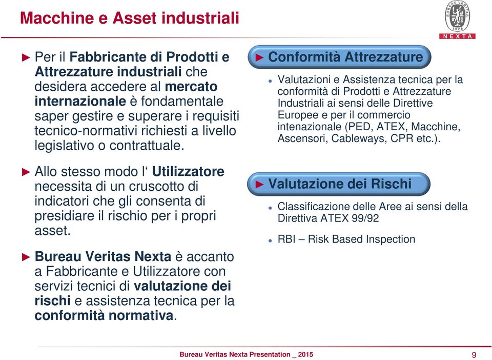 Bureau Veritas Nexta è accanto a Fabbricante e Utilizzatore con servizi tecnici di valutazione dei rischi e assistenza tecnica per la conformità normativa.