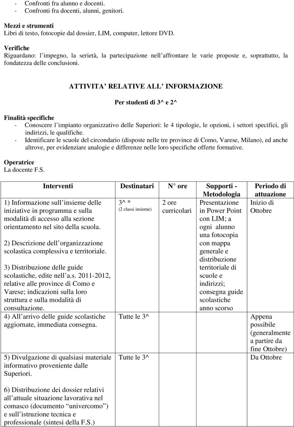 ATTIVITA RELATIVE ALL INFORMAZIONE Per studenti di 3^ e 2^ Finalità specifiche - Conoscere l impianto organizzativo delle Superiori: le 4 tipologie, le opzioni, i settori specifici, gli indirizzi, le