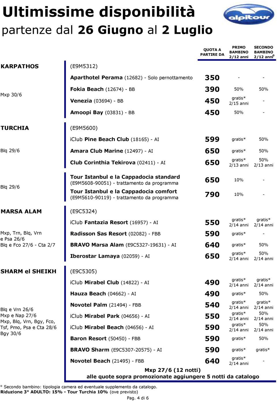 (E9M5608-90051) - trattamento da programma 650 10% - Tour Istanbul e la Cappadocia comfort (E9M5610-90119) - trattamento da programma 790 10% - MARSA ALAM (E9C5324) iclub Fantazia Resort (16957) - AI