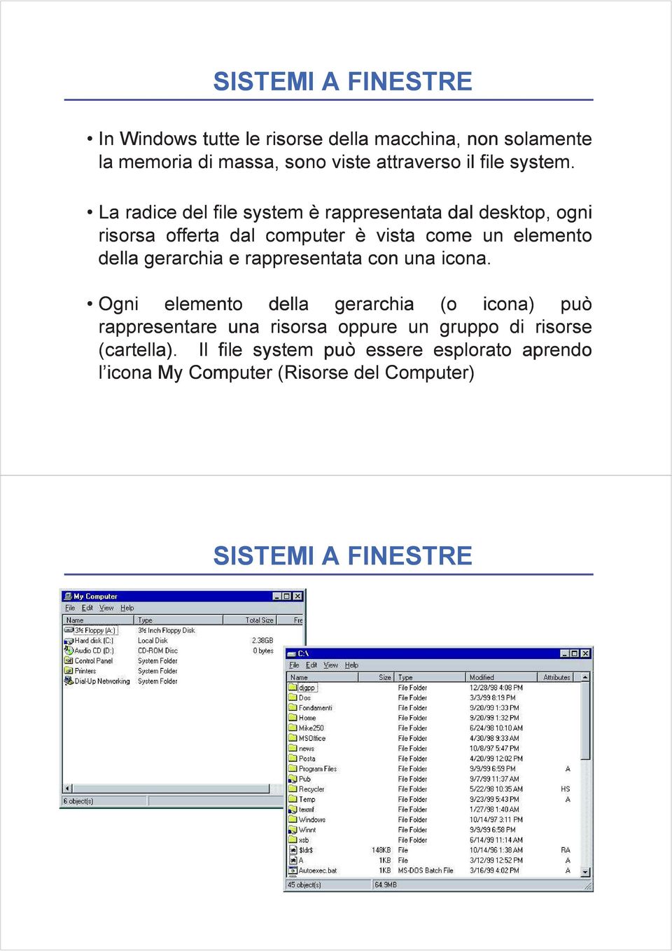 La radice del file system è rappresentata dal desktop, ogni risorsa offerta dal computer è vista come un elemento della