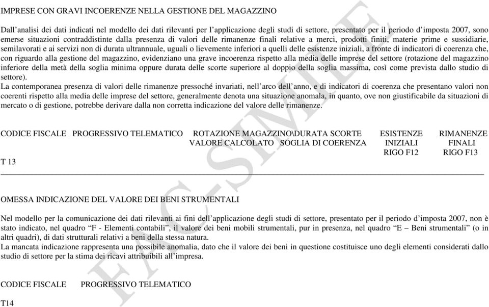 ultrannuale, uguali o lievemente inferiori a quelli delle esistenze iniziali, a fronte di indicatori di coerenza che, con riguardo alla gestione del magazzino, evidenziano una grave incoerenza