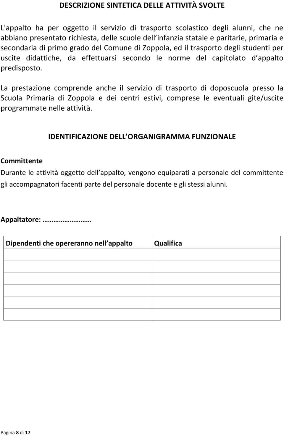 La prestazione comprende anche il servizio di trasporto di doposcuola presso la Scuola Primaria di Zoppola e dei centri estivi, comprese le eventuali gite/uscite programmate nelle attività.