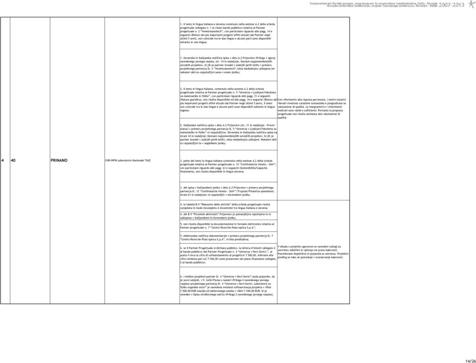 14 e seguenti (Elenco dei più importanti progetti affini attuati dal Partner negli ultimi 5 anni), non coincide tra le due lingue e alcune parti sono disponibili soltanto in una lingua; 1.