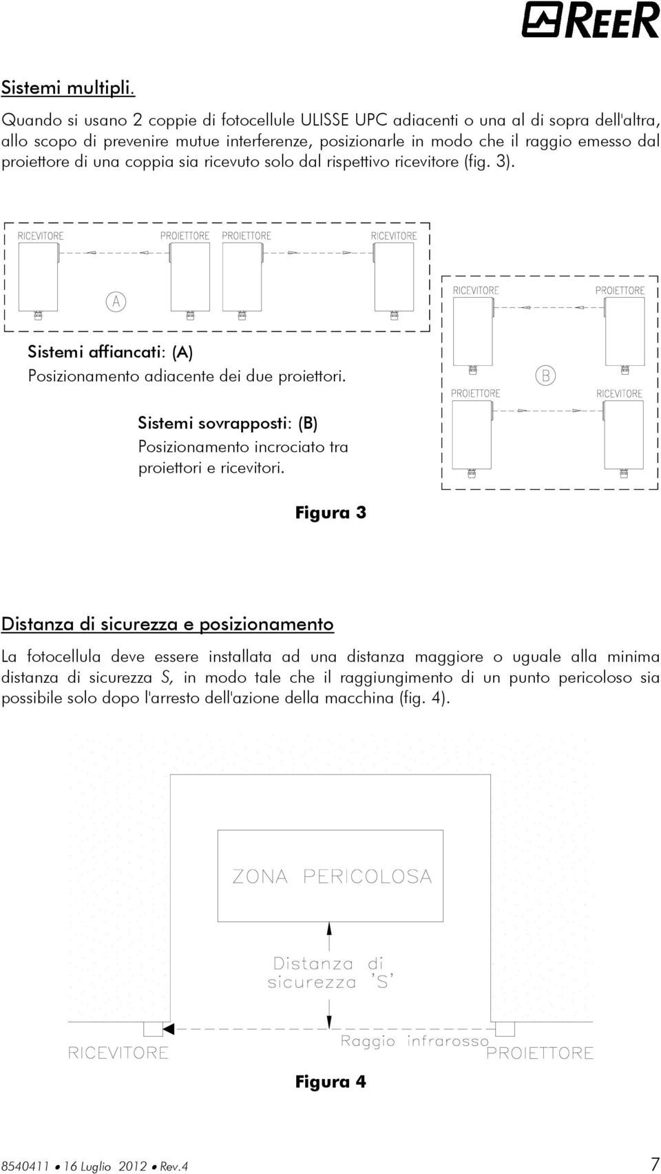 proiettore di una coppia sia ricevuto solo dal rispettivo ricevitore (fig. 3). Sistemi affiancati: (A) Posizionamento adiacente dei due proiettori.