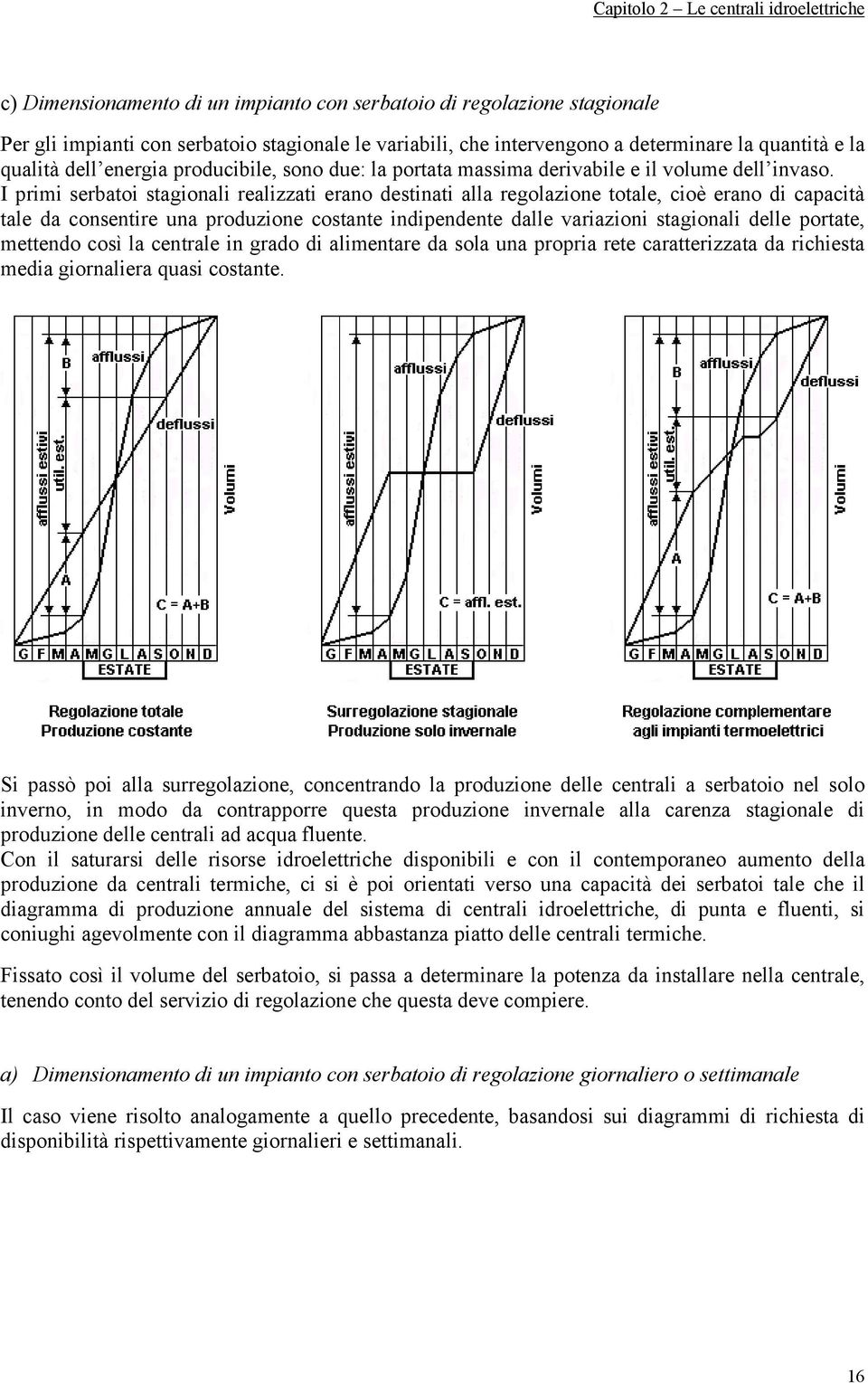 I primi serbatoi stagionali realizzati erano destinati alla regolazione totale, cioè erano di capacità tale da consentire una produzione costante indipendente dalle variazioni stagionali delle