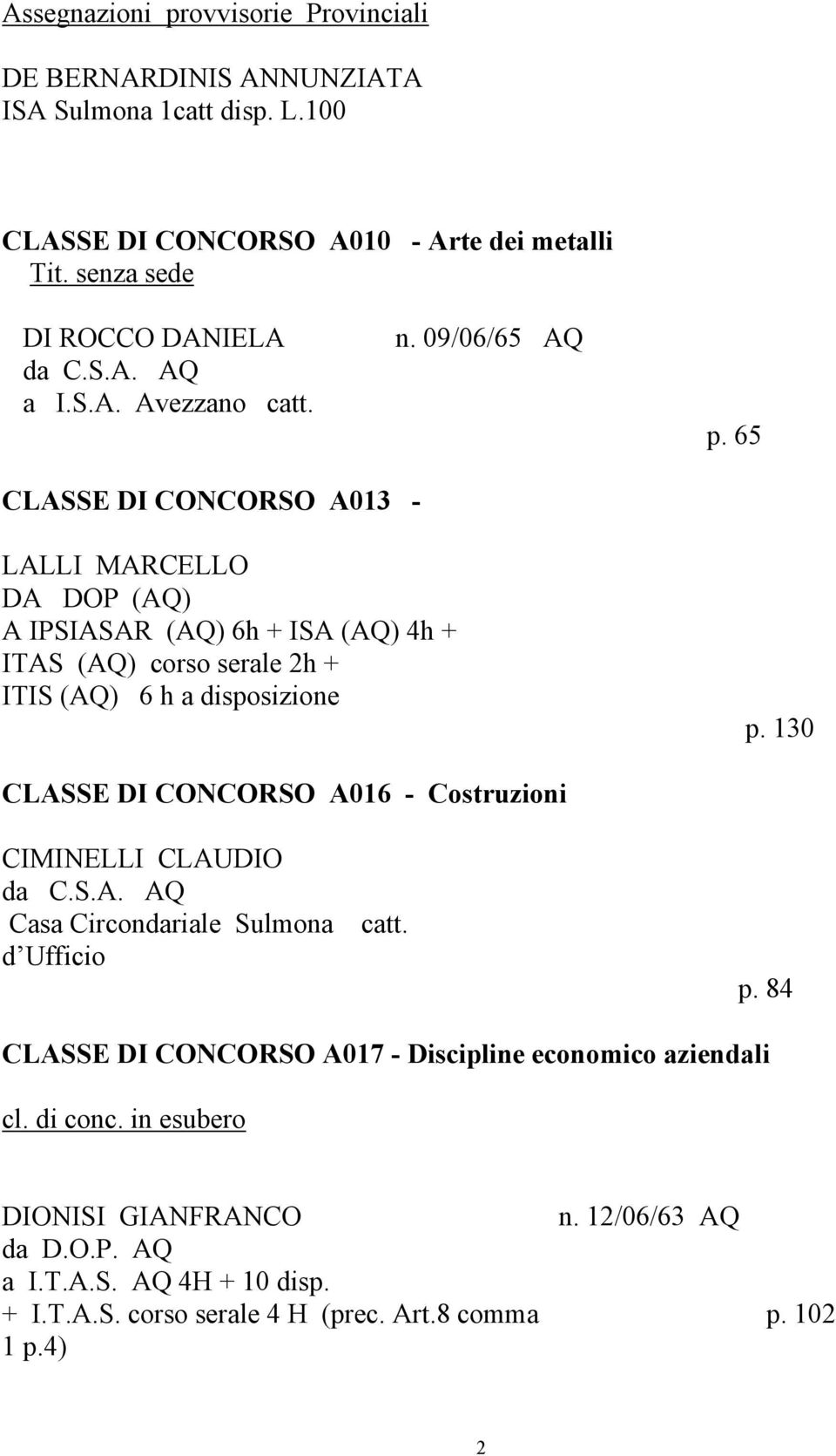 65 CLASSE DI CONCORSO A013 - LALLI MARCELLO DA DOP (AQ) A IPSIASAR (AQ) 6h + ISA (AQ) 4h + ITAS (AQ) corso serale 2h + ITIS (AQ) 6 h a disposizione p.