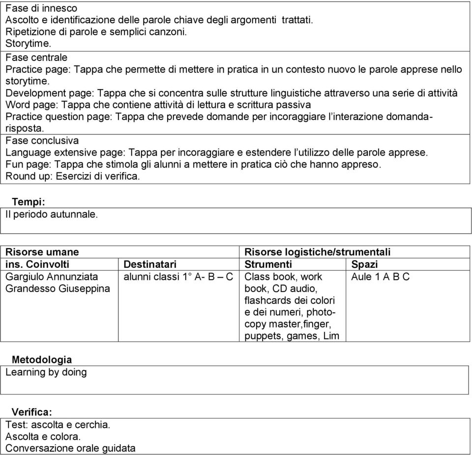 Development page: Tappa che si concentra sulle strutture linguistiche attraverso una serie di attività Word page: Tappa che contiene attività di lettura e scrittura passiva Practice question page: