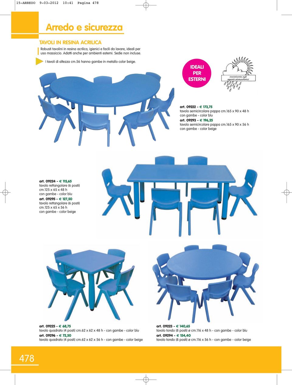 09293-196,25 tavolo semicircolare pappa cm.165 x 90 x 56 h con gambe - color beige art. 09224-115,65 tavolo rettangolare (6 posti) cm.125 x 65 x 48 h con gambe - color blu art.
